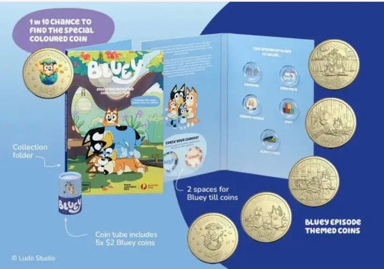 2026 $2 Bluey Tube and Folder 5 Coin Set with 2 coloured $2 Till coins Sealed tube