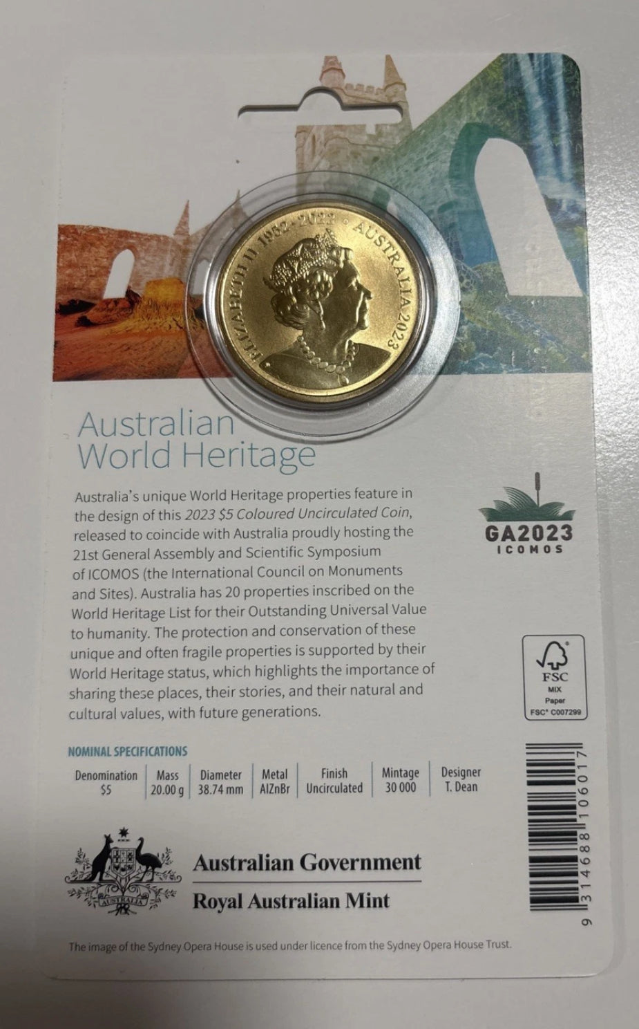 2023 Australian World Heritage UNC Coloured $5 Dollars Coin in Card