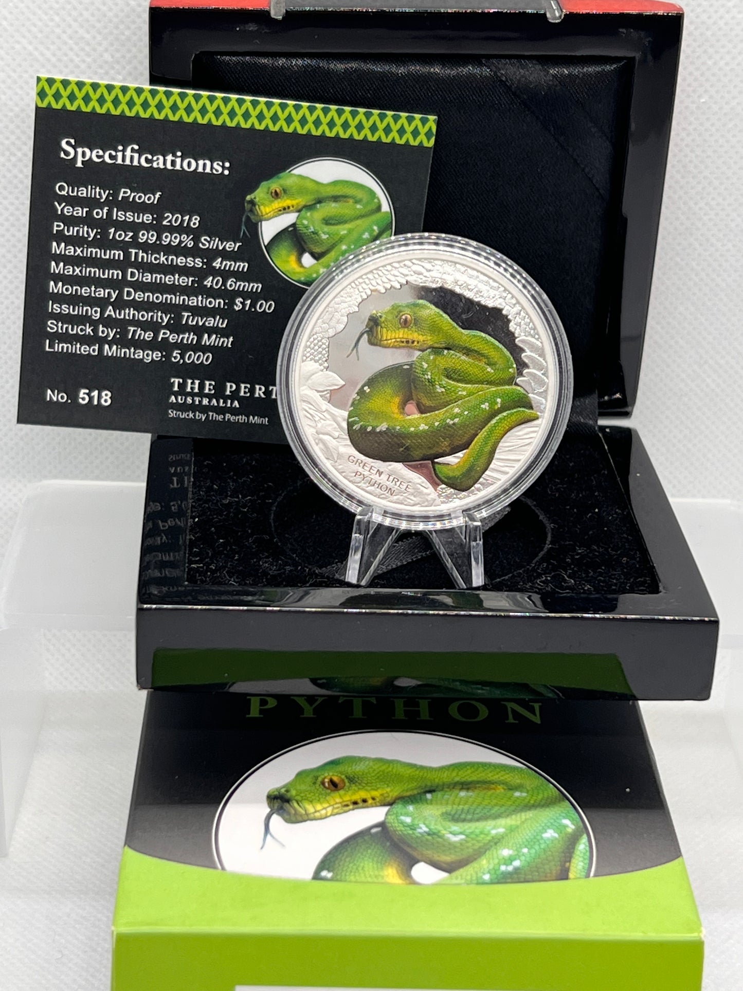 2018 $1 AUSTRALIAN REMARKABLE REPTILES GREEN TREE PYTHON 1oz SILVER PROOF COIN