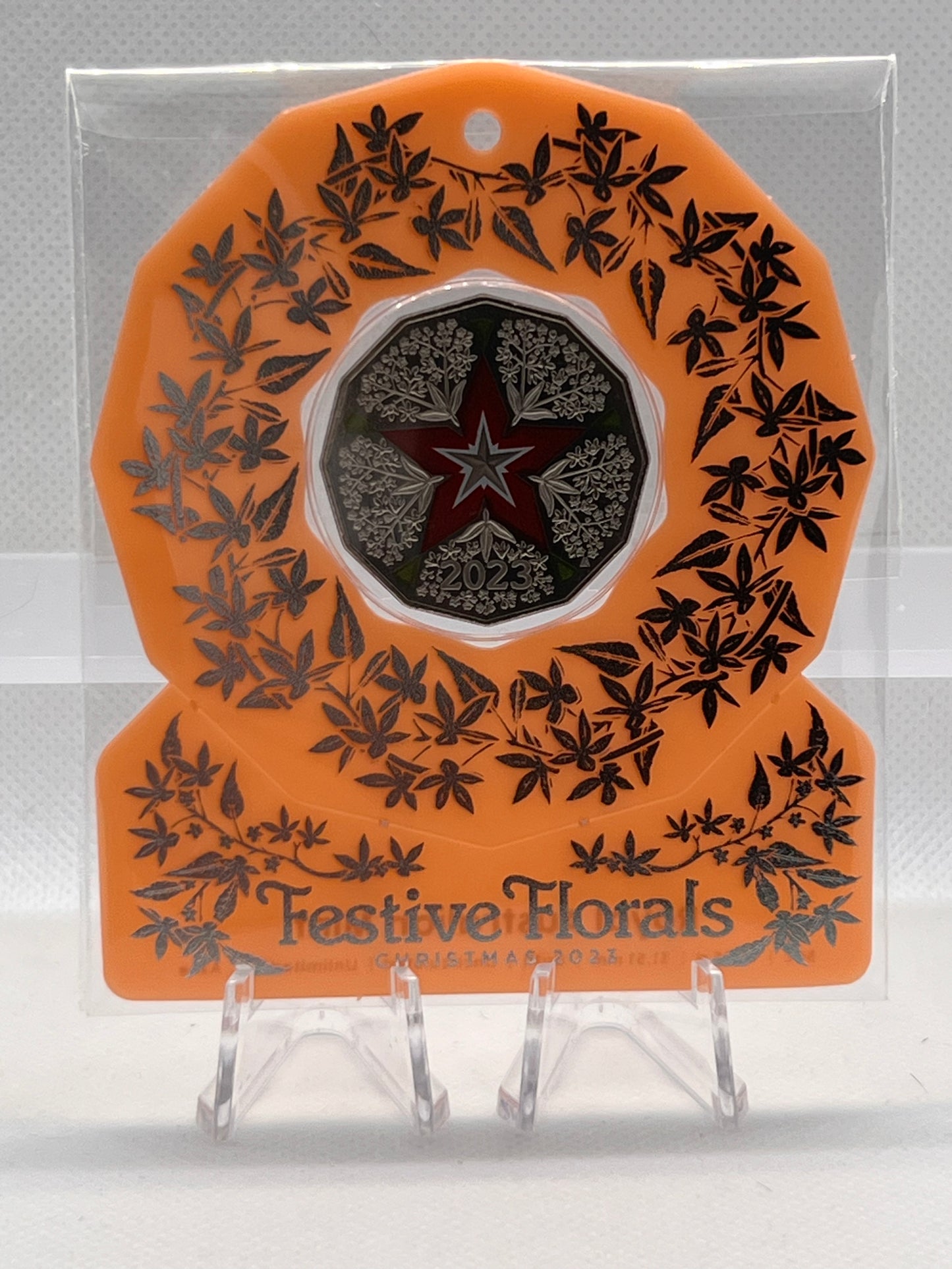 2023 Christmas Decoration 50c Coloured Coin -Festive Floral in Orange Card