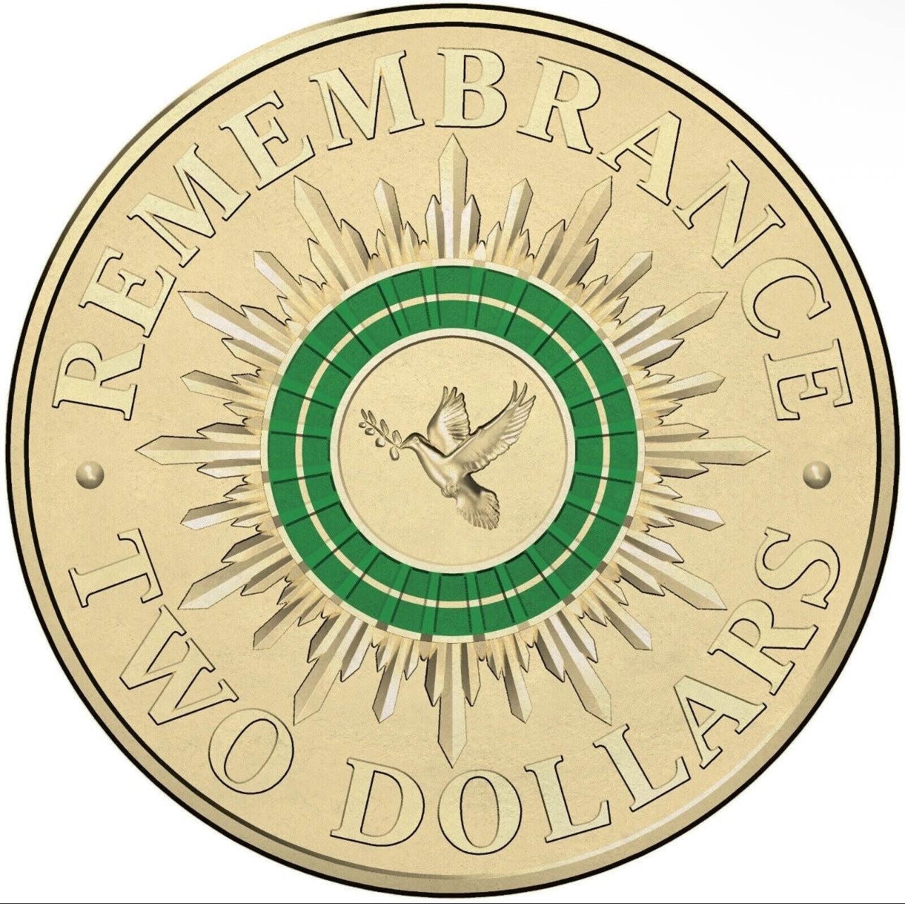 2014 Remembrance Day Green Dove Coloured Coin Australia $2 Two Dollar CIRCULATED