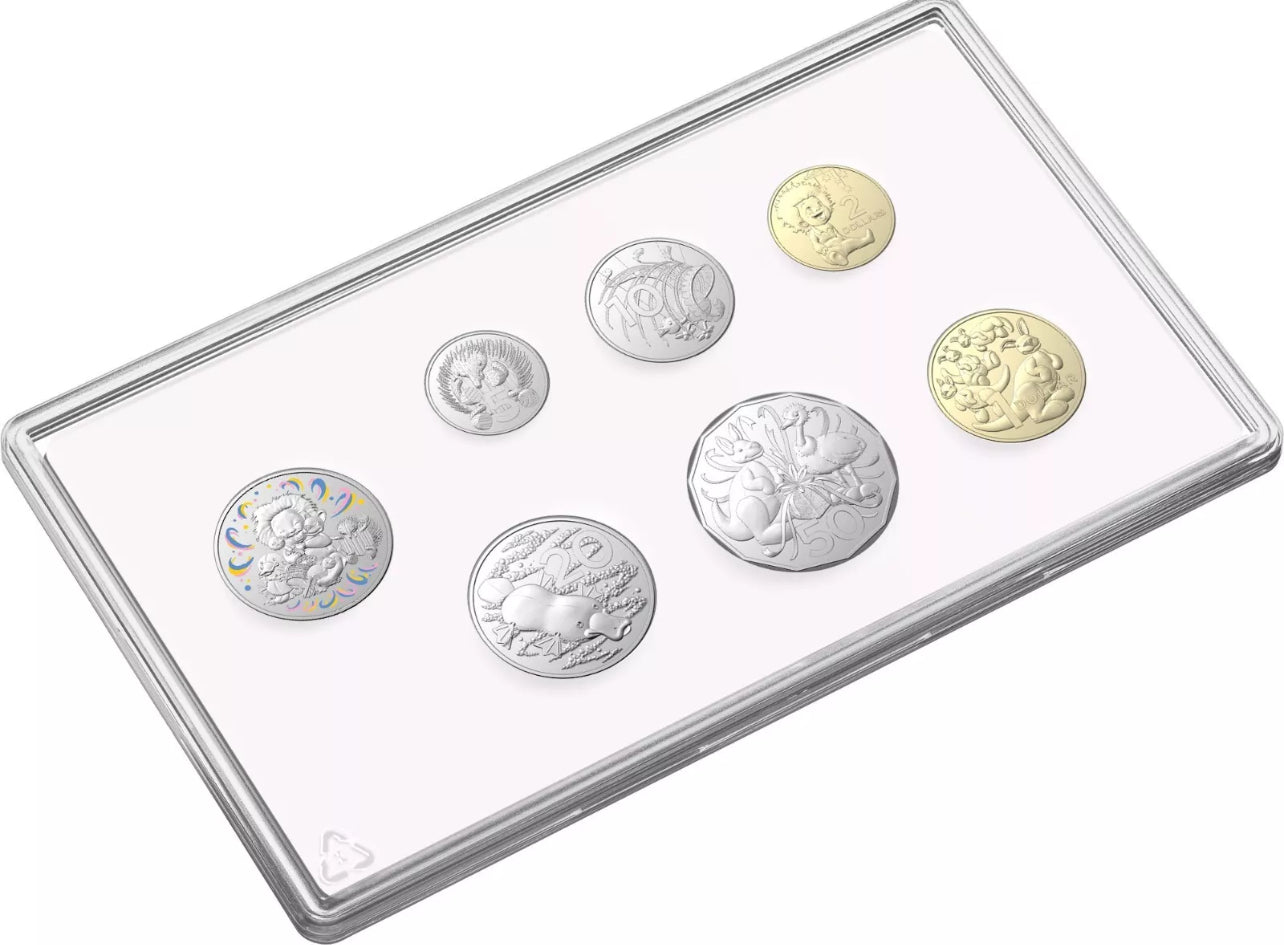 2023 baby Six coins in uncirculated (UNC) finish: 5 c, 10 c, 20 c, 50 c, $1, and $2—all dated 2023