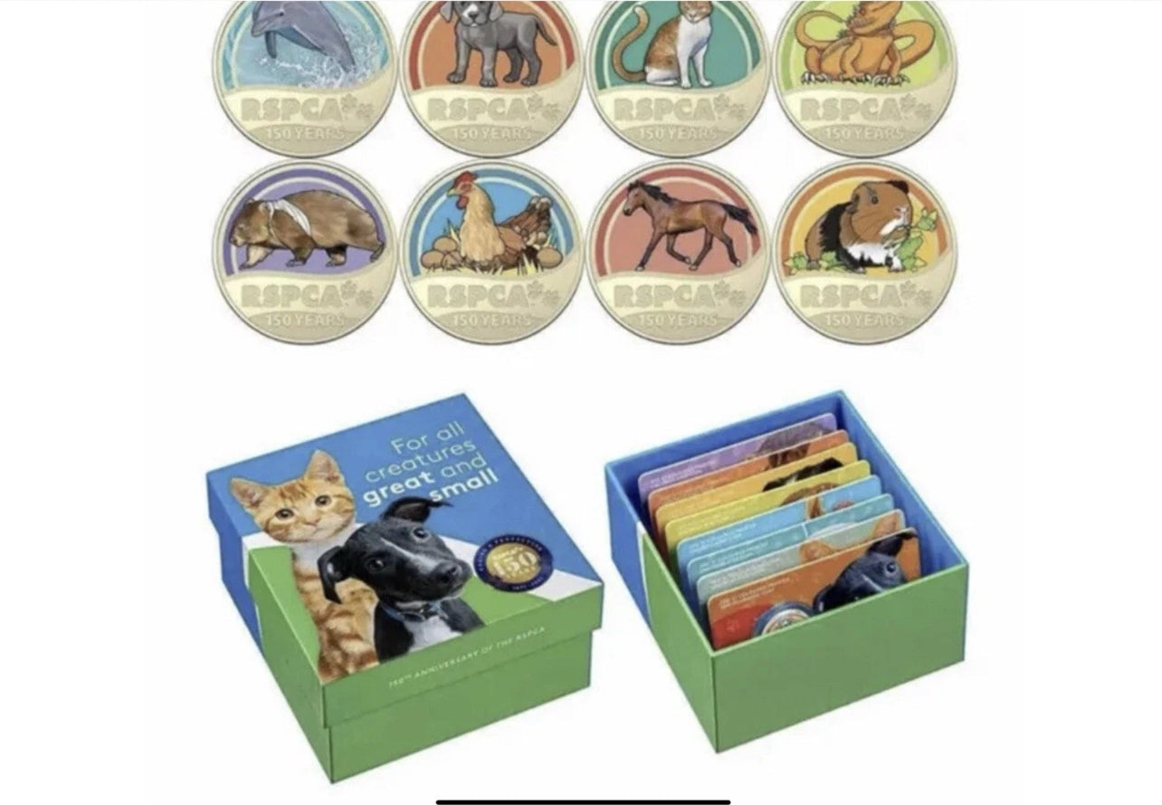 2021 RSPCA 150th Anniversary 8 coin Set For all creatures Great Small + Farm Animal Card Coin