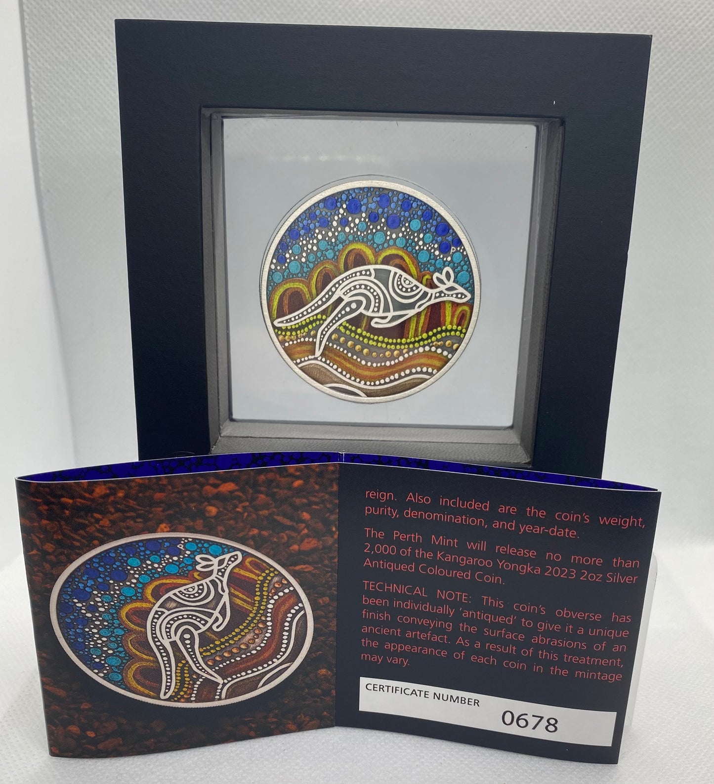 The 2023 Kangaroo Yongka 2oz Silver Antiqued Coloured Coin is a limited-edition