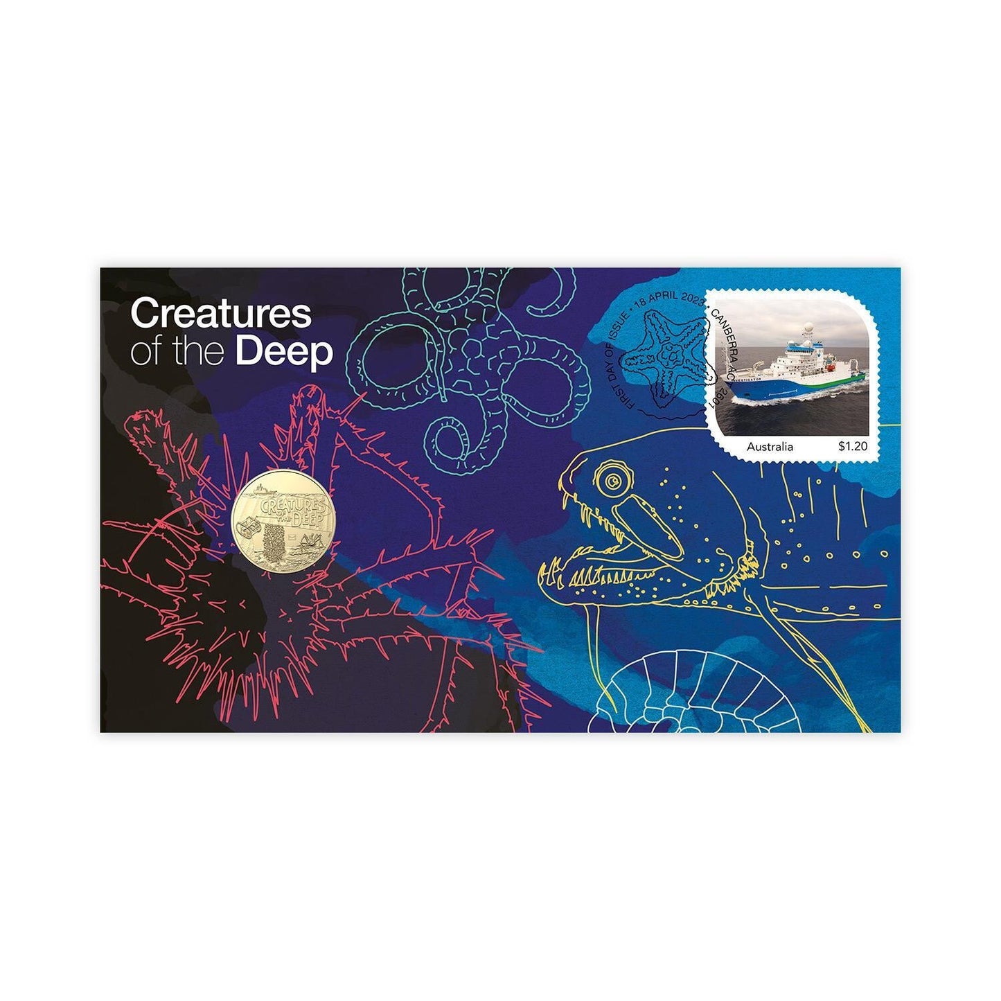 The 2023 $1 Creatures of the Deep Postal Numismatic Cover (PNC) featuring the envelope privy mark