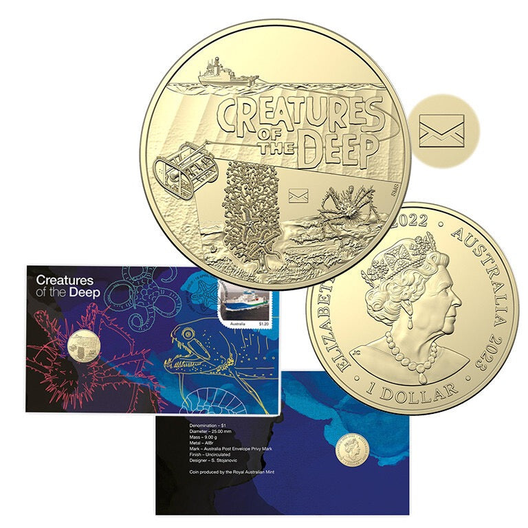 The 2023 $1 Creatures of the Deep Postal Numismatic Cover (PNC) featuring the envelope privy mark