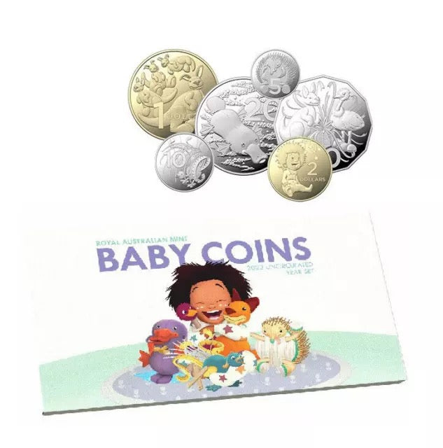 2023 baby Six coins in uncirculated (UNC) finish: 5 c, 10 c, 20 c, 50 c, $1, and $2—all dated 2023