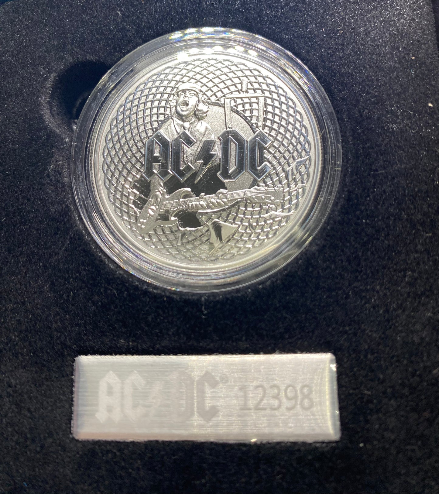 The 2023 AC/DC $1 Silver Frosted Uncirculated Coin is a tribute to the legendary Australian rock band AC/DC