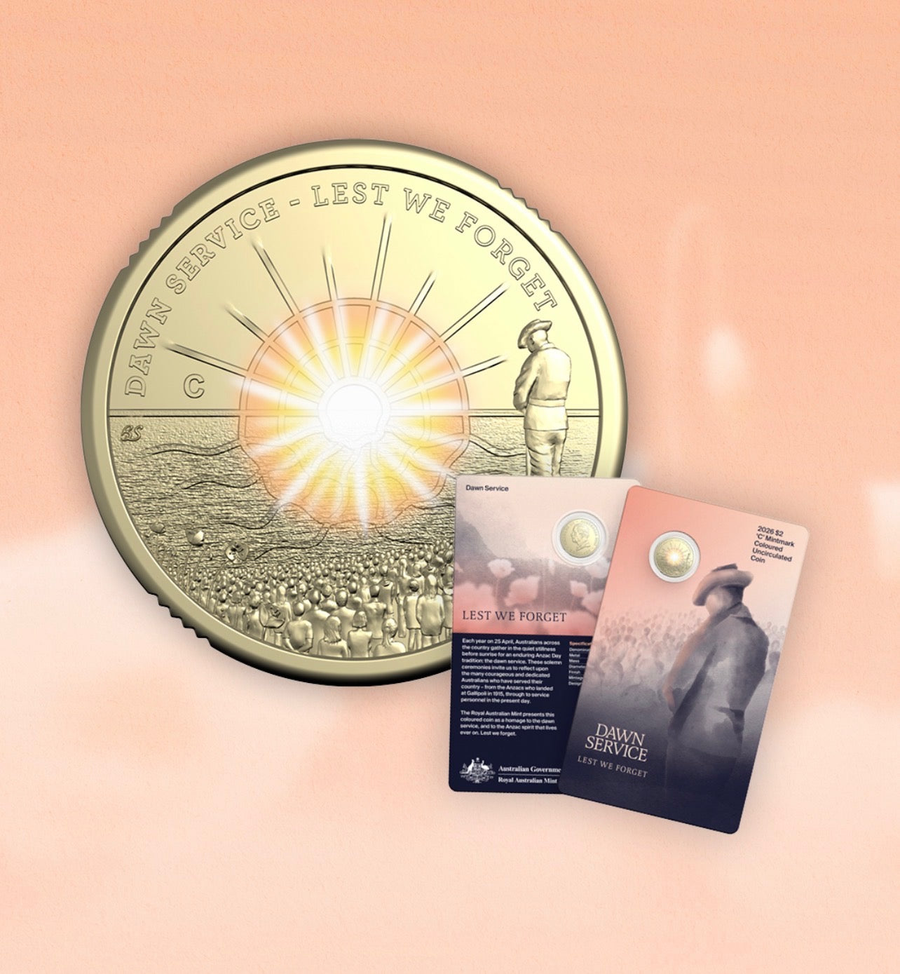 2026 $2 C Mint Dawn Service Coin – Coloured Carded ANZAC Two Dollar