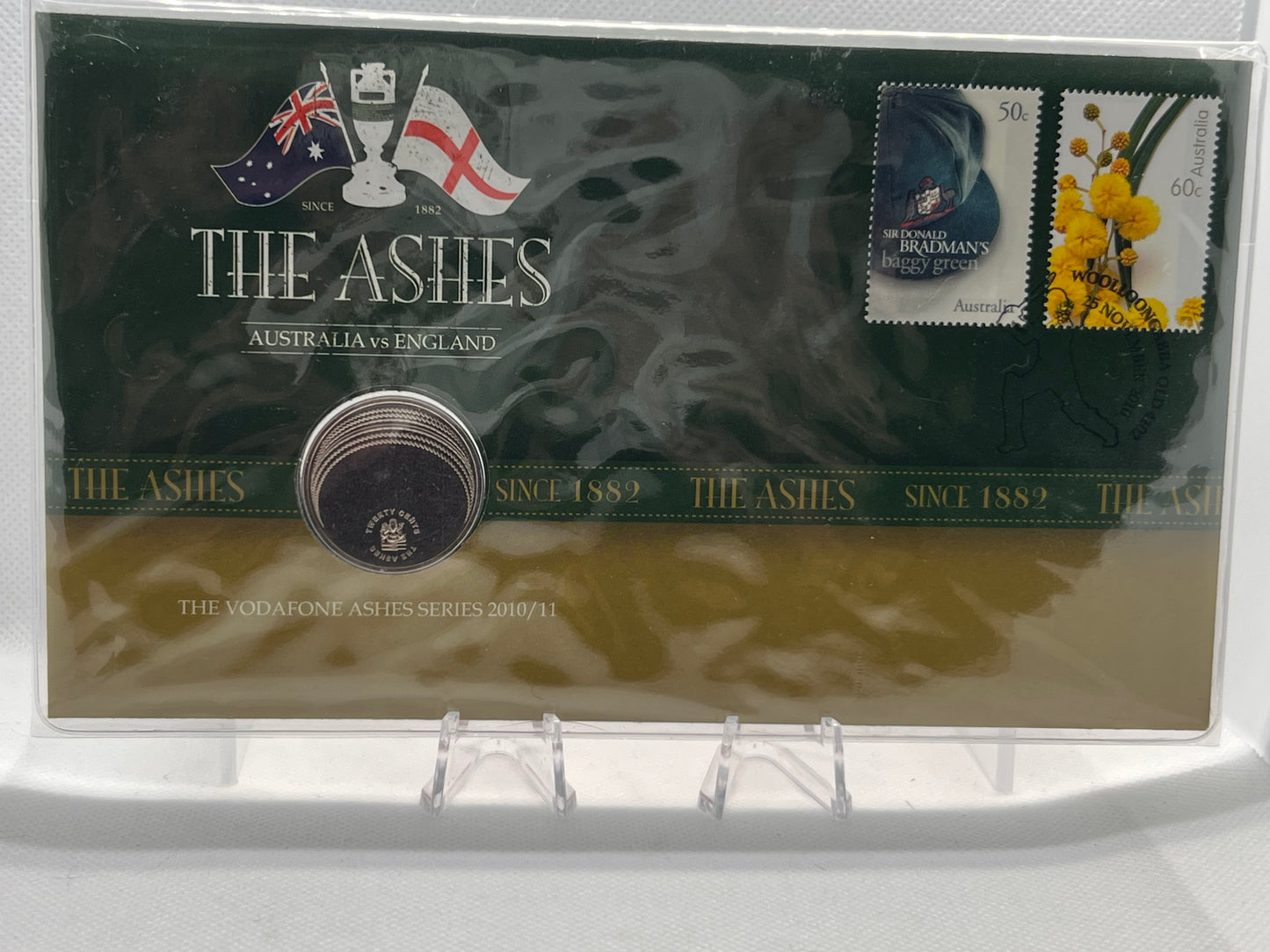 2010 20c The Ashes Cricket Australia vs England Coin & Stamp