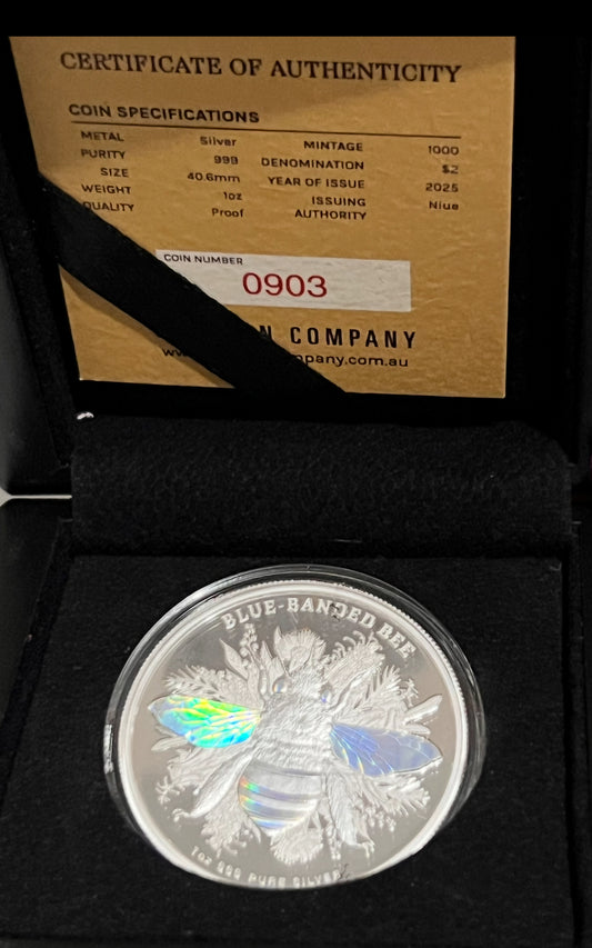 Australian Native Bees 2025 $2 Blue Banded Bee Hologram 1oz Silver Proof Coin
