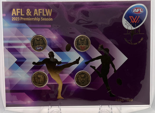 2022 Two Special Coloured $1 Premiership AFL & AFLW and Two Non-Coloured AFL & AFLW Coins.