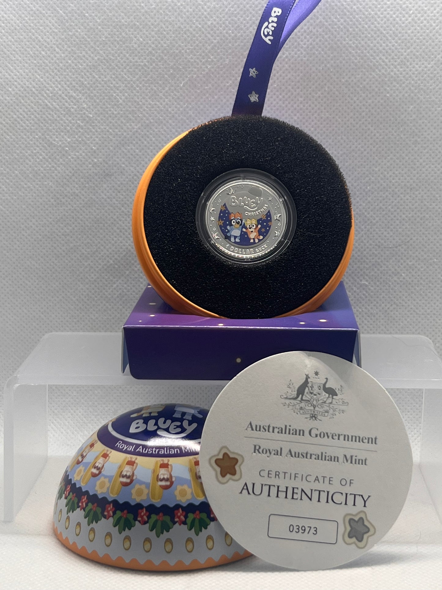 2025 $1 Coloured Fine Silver Proof – Bluey Christmas Coin in Hanging Bauble