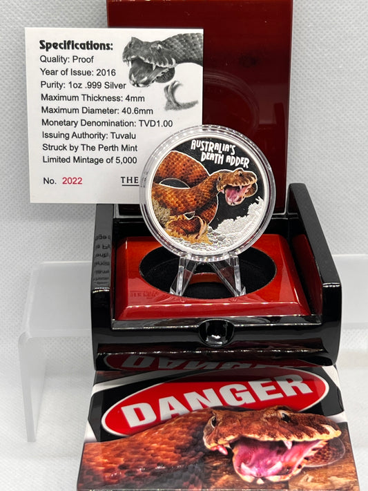 2016 $1 Deadly and Dangerous Australia‘s Death Adder 1oz Silver Proof Coin