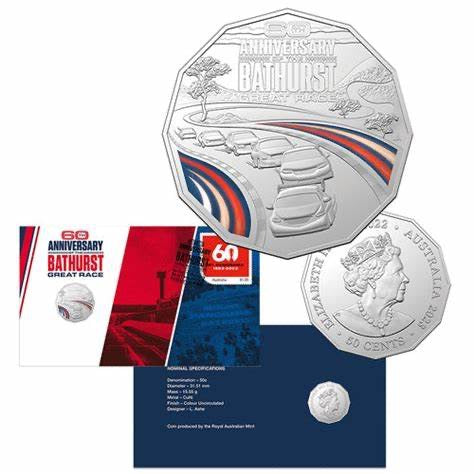 The 2023 50c Coloured Uncirculated Coin PNC commemorates the 60th anniversary of Australia's iconic Bathurst 1000 race