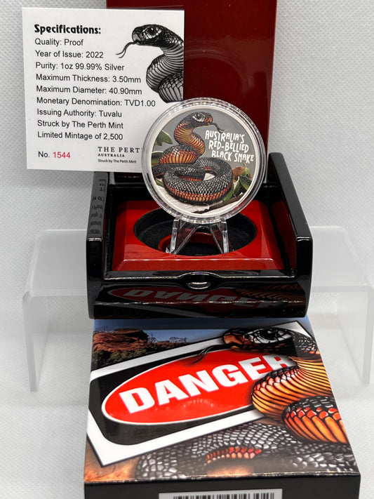 2022 $1 Tuvalu Deadly & Dangerous Red-Bellied Black Snake 1oz Silver Proof Coin