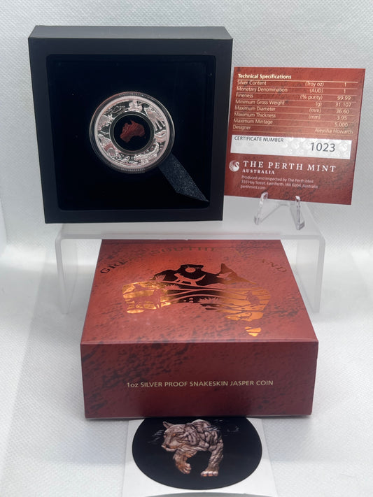 Australian 2025 1oz Silver Proof $1 Snakeskin Jasper Coin Great Southern Land