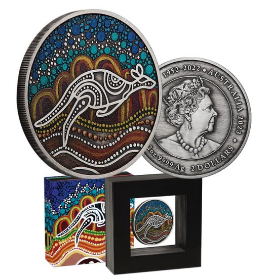 The 2023 Kangaroo Yongka 2oz Silver Antiqued Coloured Coin is a limited-edition