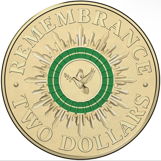 2014 Remembrance Day Green Dove Coloured Coin Australia $2 Two Dollar CIRCULATED