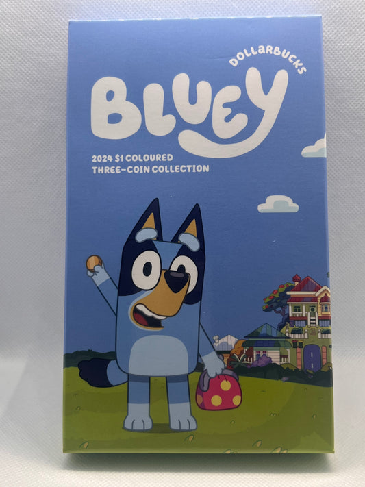 2024 Bluey Dollarbucks $1 Coloured Uncirculated Three Coin Set With Stickers
