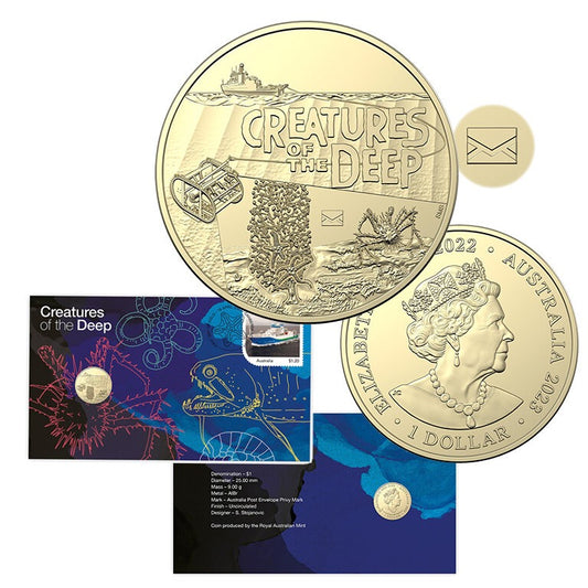 The 2023 $1 Creatures of the Deep Postal Numismatic Cover (PNC) featuring the envelope privy mark