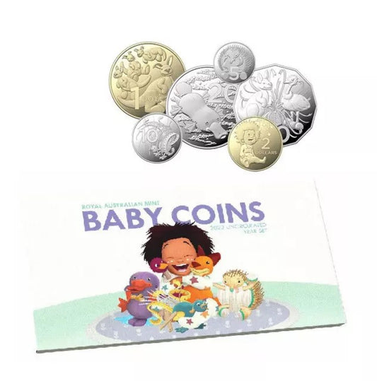 2023 baby Six coins in uncirculated (UNC) finish: 5 c, 10 c, 20 c, 50 c, $1, and $2—all dated 2023