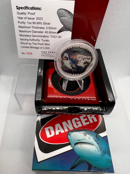 2023 Tuvalu Deadly & Dangerous Australian Tiger Shark 1oz Silver Proof Coin box