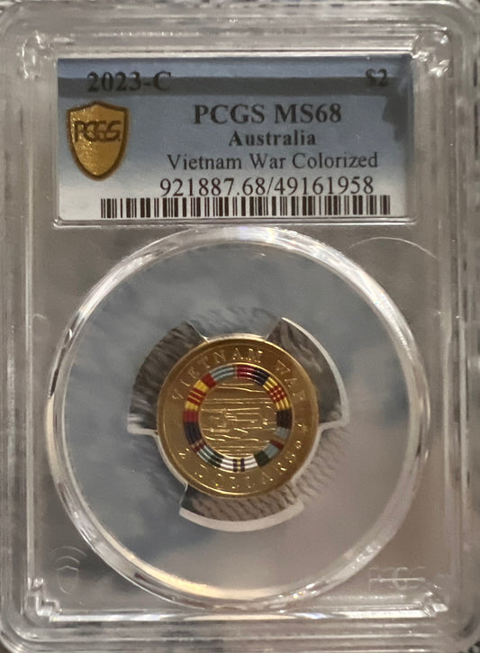 The 2023 $2 Vietnam War coin with the 'C' mintmark, graded MS68 by PCGS