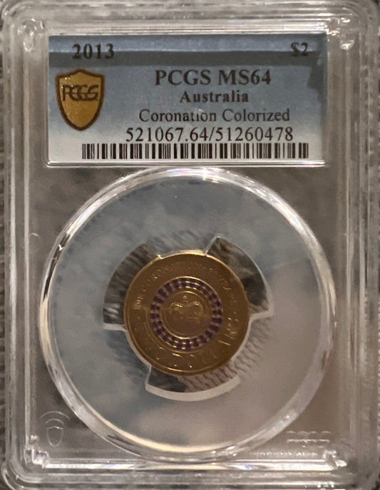 The 2013 Australian $2 Coronation coloured coin, graded MS64 by PCGS