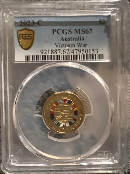 The 2023 $2 Vietnam War coin with the 'C' mintmark, graded MS67 by PCGS