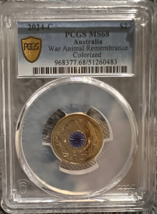 2024 $2 War Animals Remembrance coloured coin with the 'C' mintmark has been graded MS68 by PCGS.