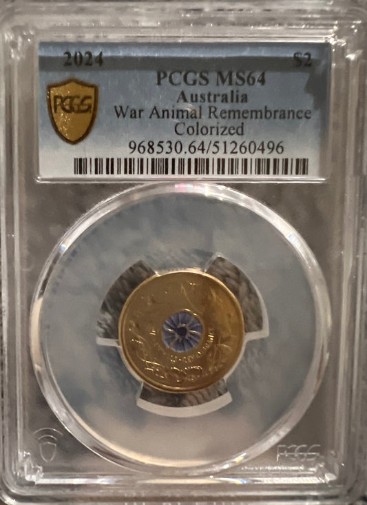 The 2024 Australian $2 War Animals Remembrance coloured coin Graded MS64 by PCGS